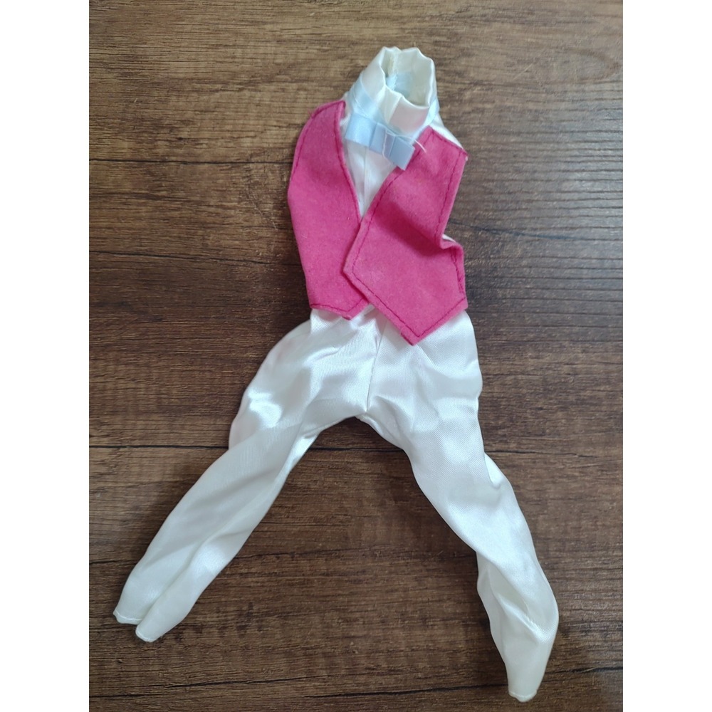 Ken Doll Barbie Fashion White Tuxedo Formal Suit Attached Pink Vest Vtg Z34